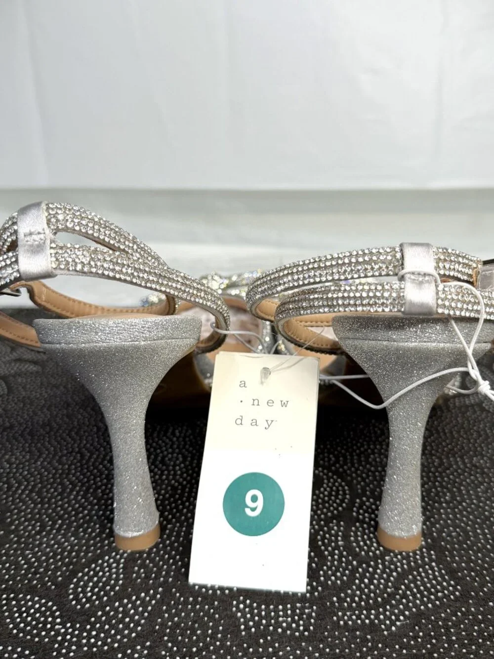 A New Day Carmin Pointed‎ Silver Rhinestone Bow Ankle Strap Shoes Woman's size 9